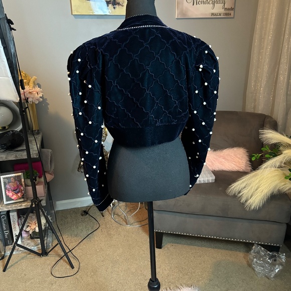 Navy Blue Vintage Diamond and Pearl Velvet Jacket with Quilted Detail. - Picture 2 of 5